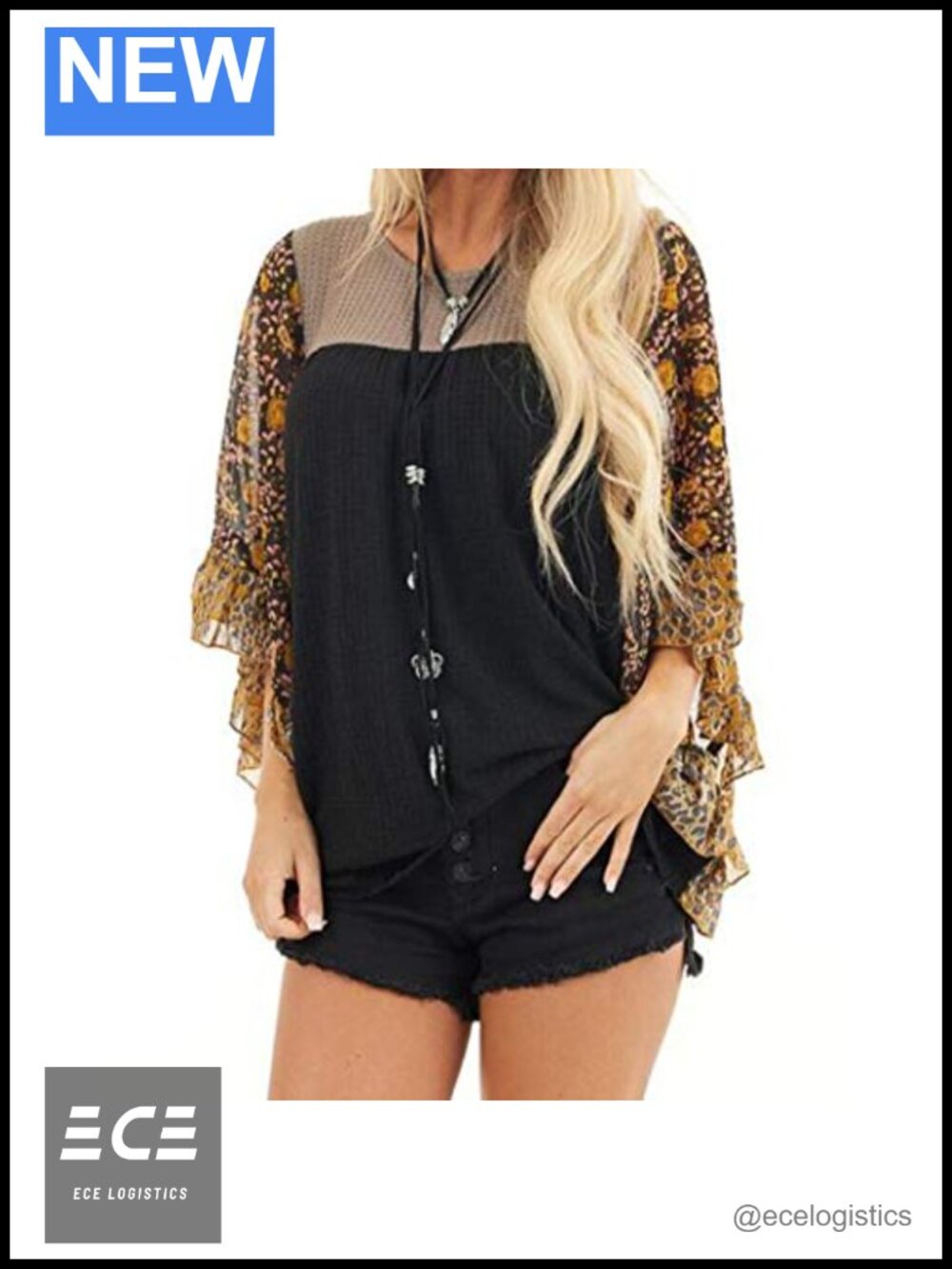 Womens Floral Waffle Knit Batwing Loose Fit Pullover Blouse 3/4 Sleeve